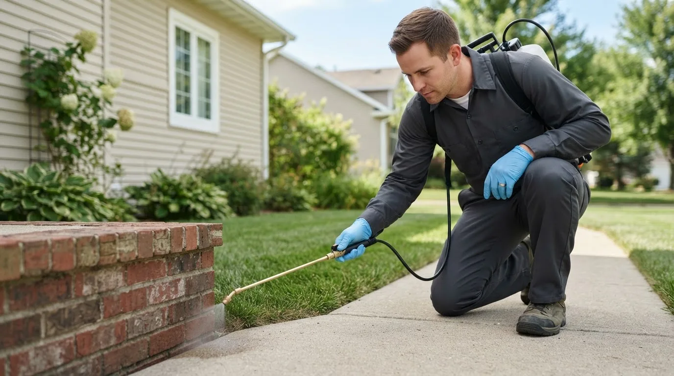 Pest control technician treating a home near Camp Point, IL