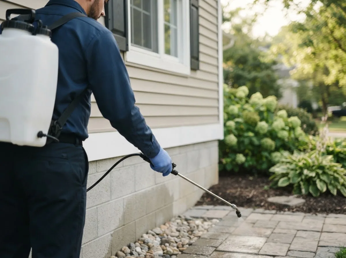 Pest control technician inspecting a home in Camp Point, IL
